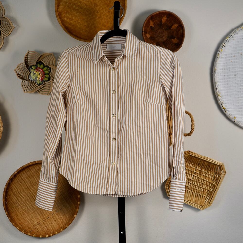 KOTN‎ Long Sleeve Button Down Shirt Striped Brown/White Womens Size XS